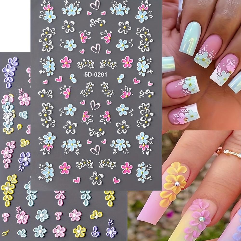 1PC 5D Floral Nail Stickers, Pink Blue Flower Butterfly Heart French Line, Spring Acrylic Decals Slider for Manicure Gift