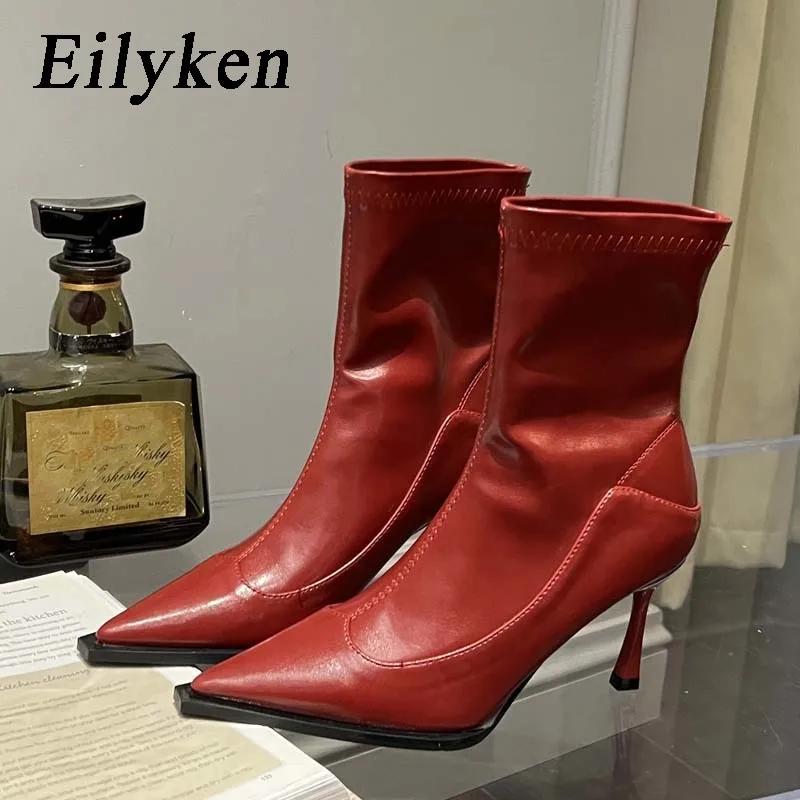 Fashion Eilyken Spring Autumn Pointed Toe Women Ankle Boots Eelgant Thin High Heel Shoes Soft Leather Ladies Short Socks Boots