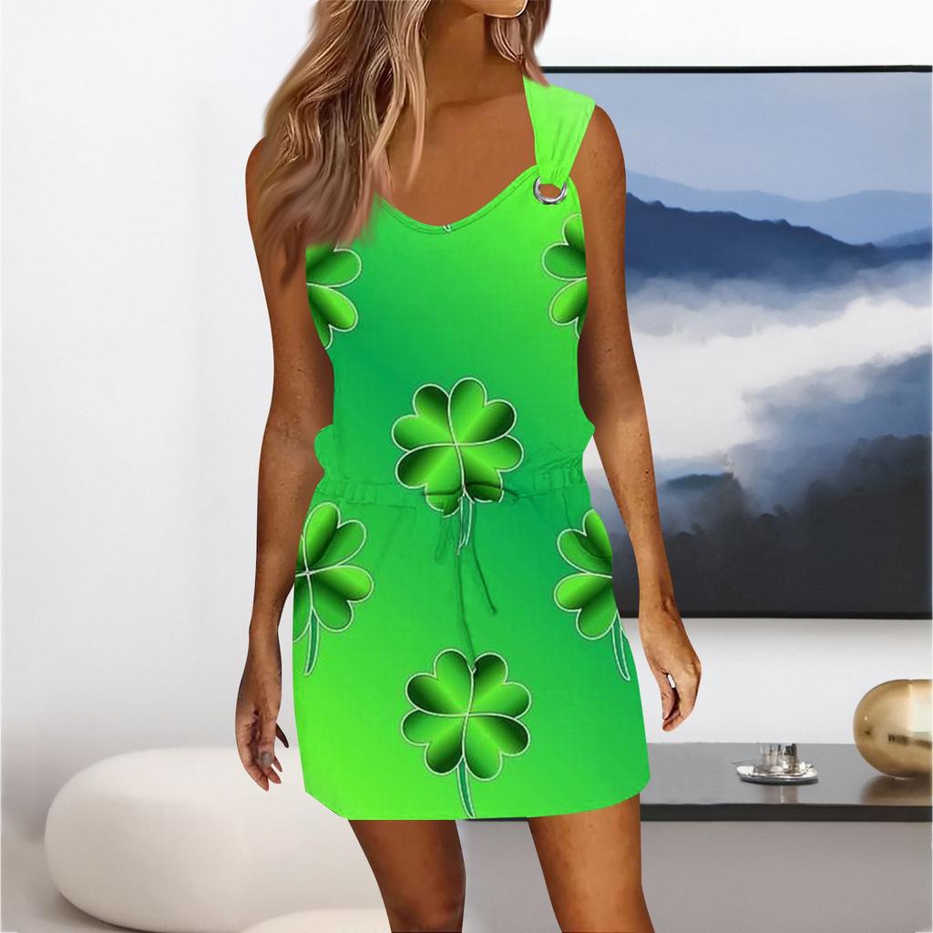 Women's Fashion Casual Printed Sleeveless Drawstring Dress With Pockets