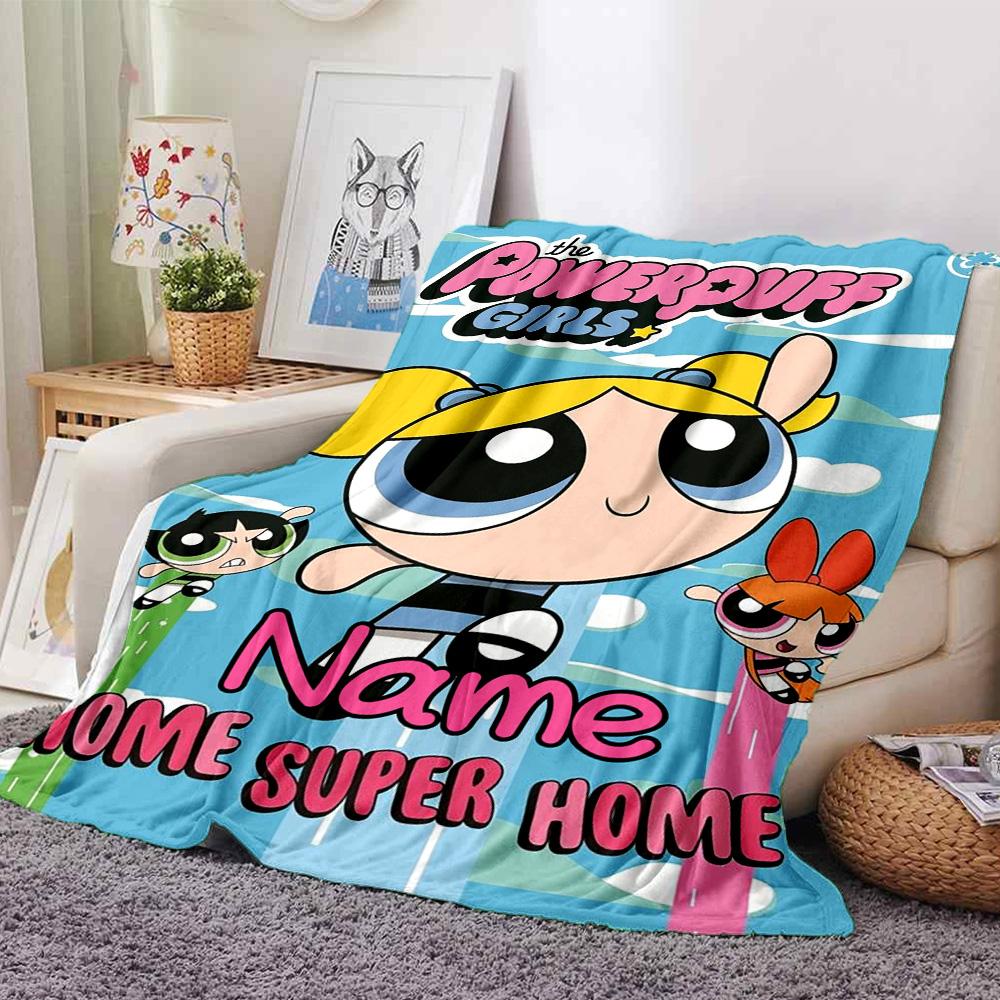 Custom Name Powerpuff Girls Adventure flannel Blanket for Super Soft Cute Comfort Blanket for Travel Bedding Couch Sofa Blanket
