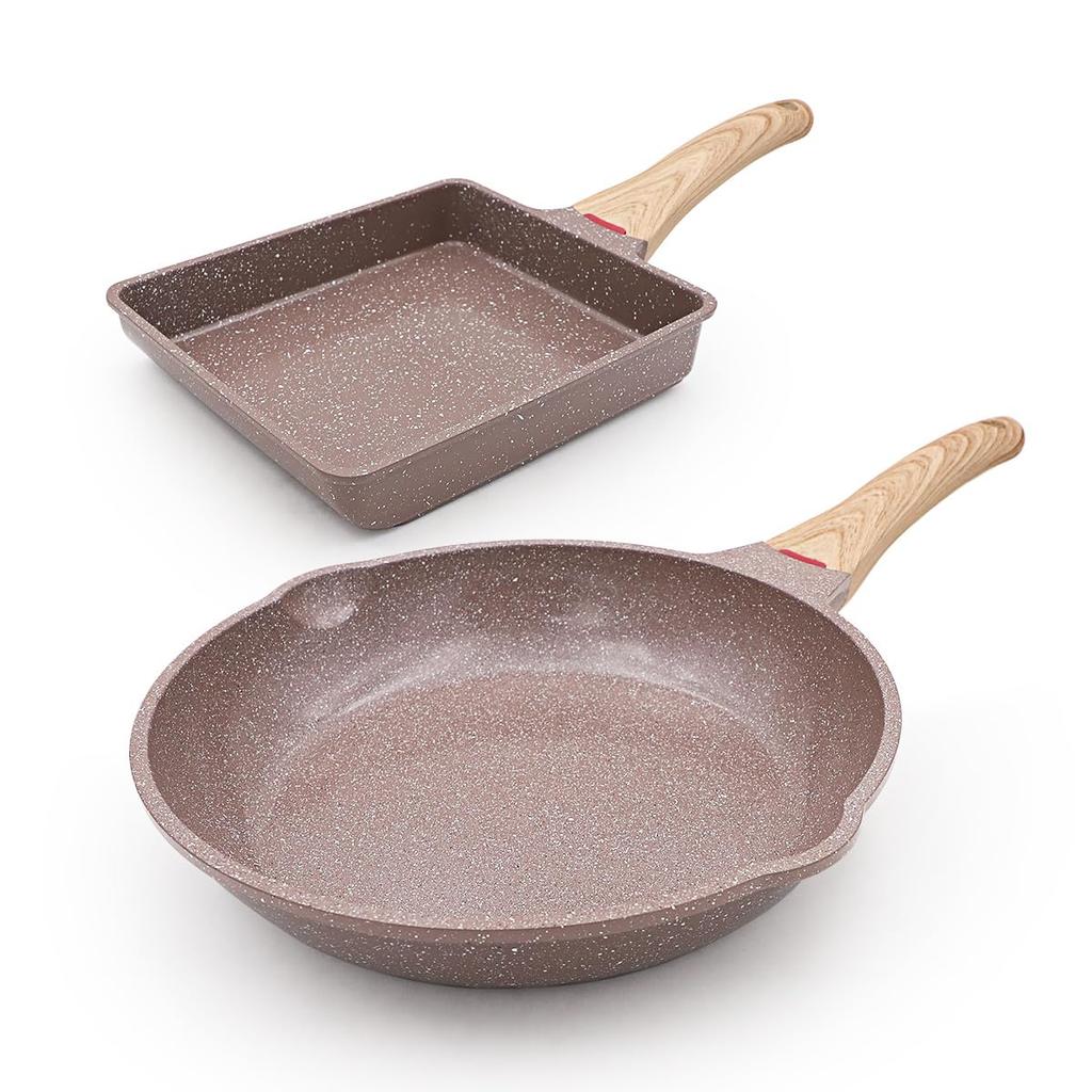 RANXINGST Frying Pan Induction Gas Aluminum Frying Pan Set with Ceramic 26cm Frying Pan Omelette Easy To Compact Brown 2-Piece Set, & Compatible,