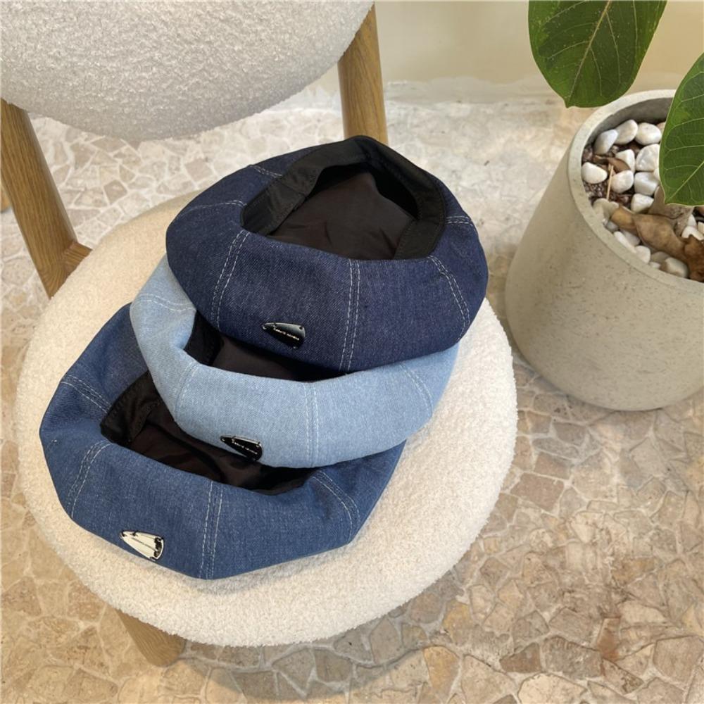 Korean Style Cloud Cowboy Cap Solid Color Denim Octagonal Hat Retro Denim Beret Ladies