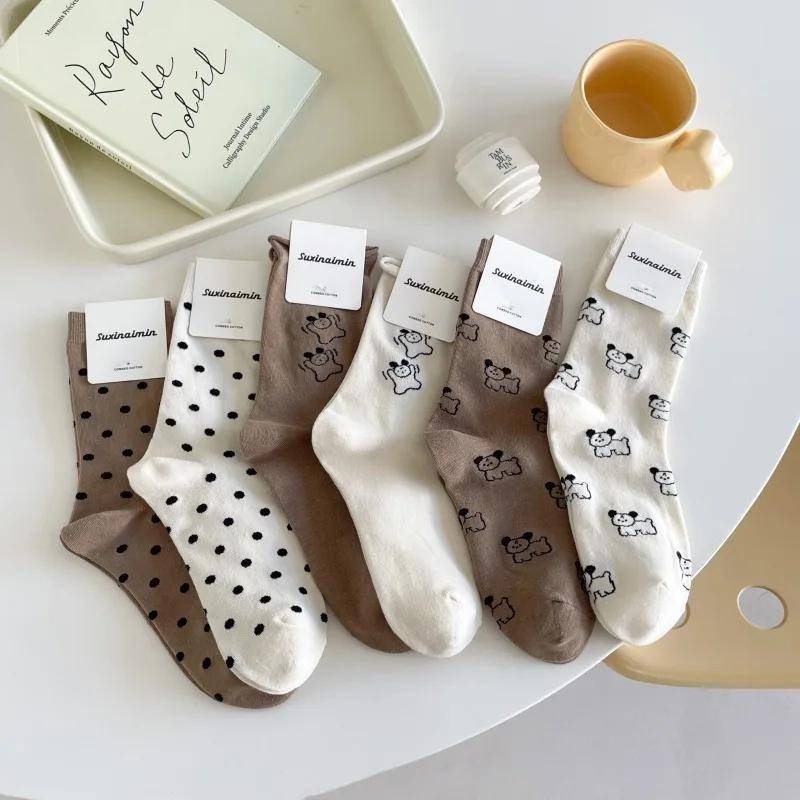 Милые носки с рисунком собаки из мультфильма в японском стиле Kawaii в горошек, женские носки в стиле Harajuku Vintage, корейская мода, уличная одежда, длинные хлопковые носки