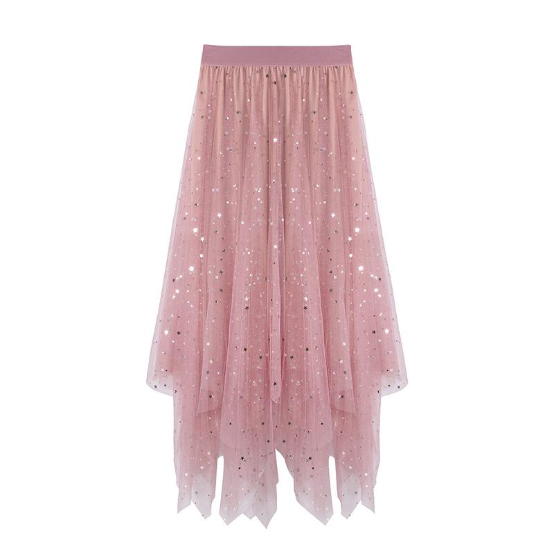 Autumn and Winter High Waist All-match Star Sequined Mesh Skirt Mid-length Long Skirts for Women Slim