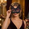 Unique Face Covering Cat Half Mask, Halloween Glitter Venetian Masquerade Exquisite Pattern Mask Rhinestone Ear for Party Costume Cosplay