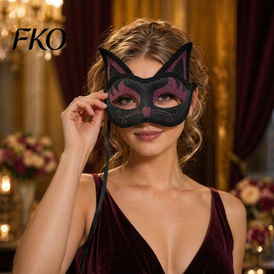 Unique Face Covering Cat Half Mask, Halloween Glitter Venetian Masquerade Exquisite Pattern Mask Rhinestone Ear for Party Costume Cosplay