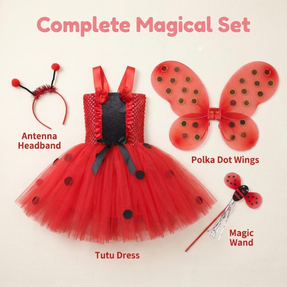 Girls Ladybug Costume Dress with Tulle Skirt and Wings for Halloween Party Cosplay Animal Performance Dress Up Set