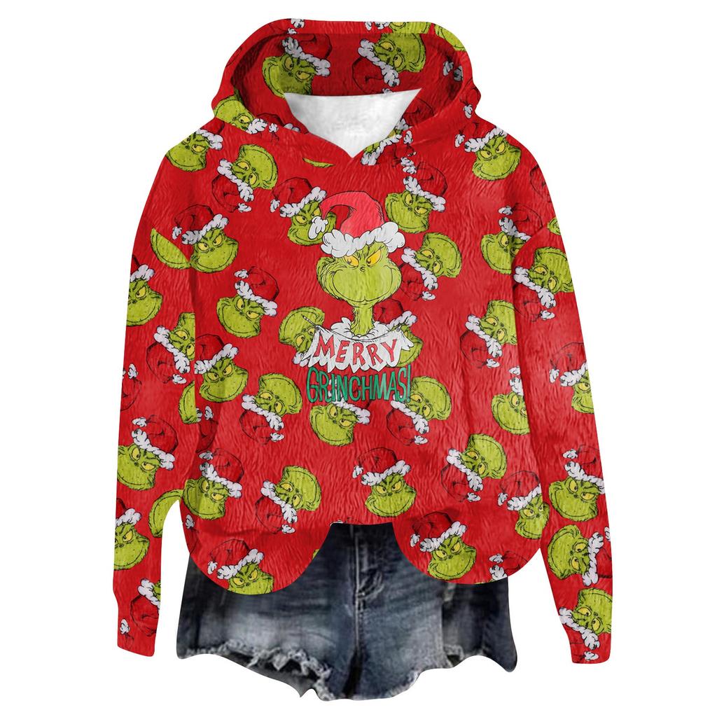 Women's Hooded Long Sleeve Christmas Printed Flannel Top Hooded Sweatshirt