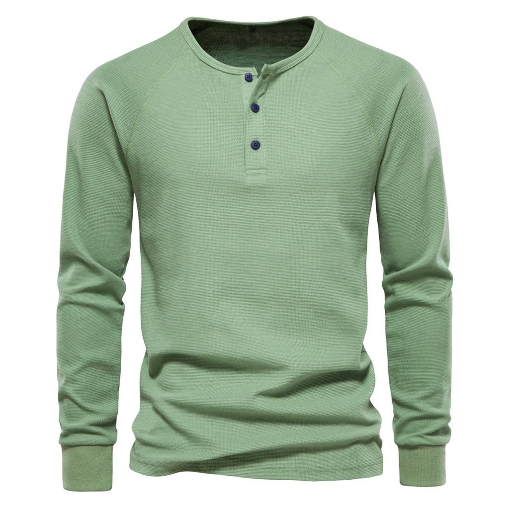 Men's Round Neck Button Long Sleeve Shirt Men's Casual Fashion Solid Color Shirt
