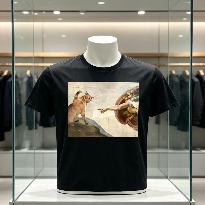 Fun Cat and Adam Meme Pattern Tshirt Retro Short Sleeve Round Neck Tshirt with Sistine Chapel Art Imitation Design