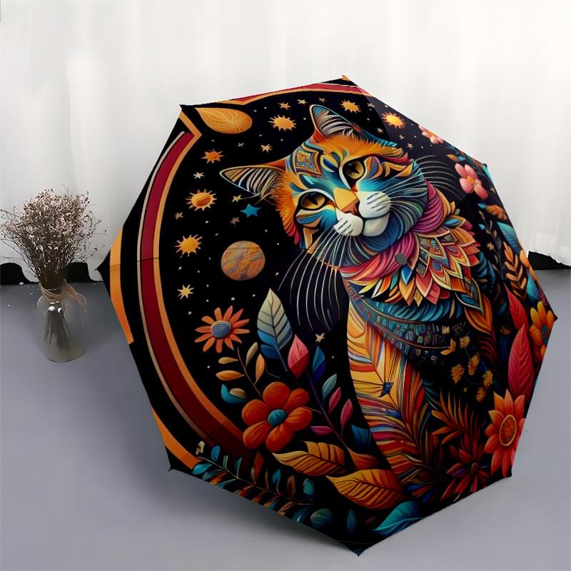 1pc Colorful Mandala Cat with Flowers Umbrella with Plastic Handle,Suitable for All Seasons Home Travel Outdoor UmbrellaDD606