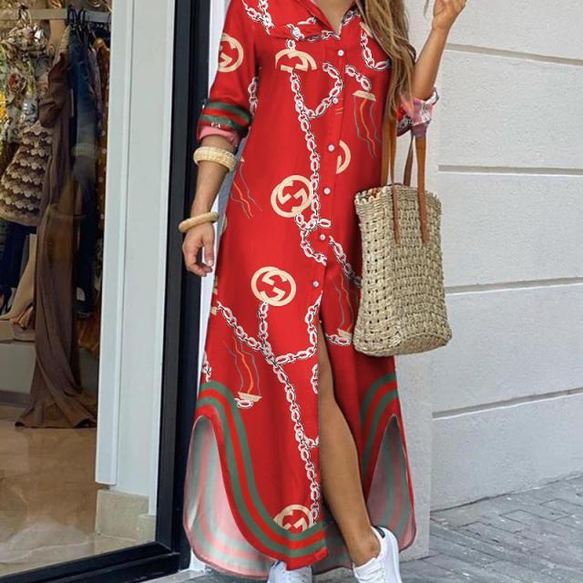 Женское платье макси с принтом, платье-рубашка с длинным рукавом и лацканами, повседневное длинное платье с разрезом по бокам, сарафан Vestidos, большие размеры S-5XL