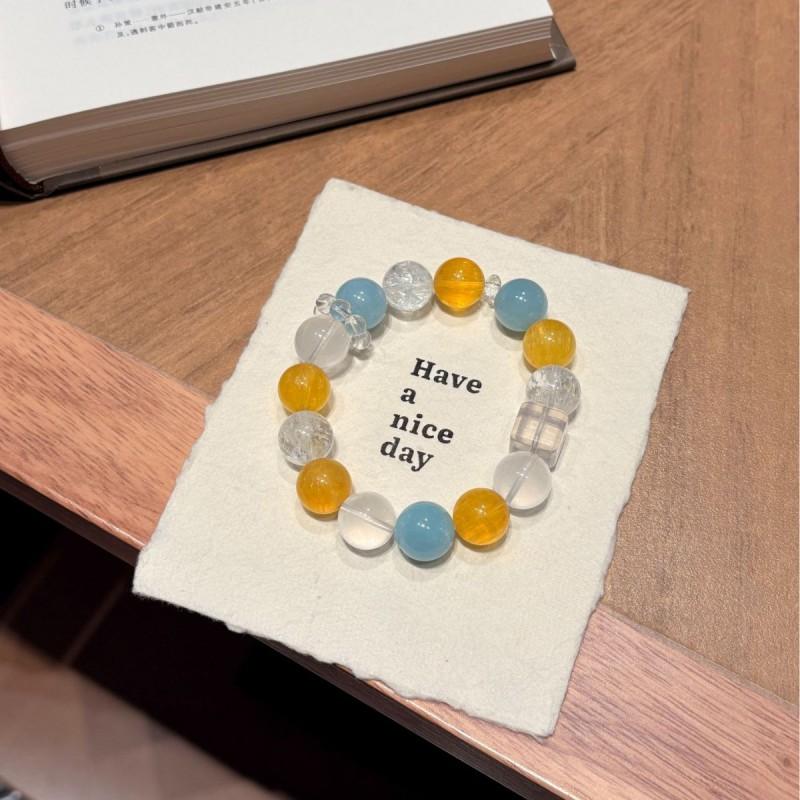 Sunny Day Sea Mist Original Natural Yellow Fluorite White Azeztulite Aquamarine Clear Crystal Beaded Bracelet Women