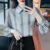 Autumn Lace Turn Down Collar Shirt Women Plaid Tops Long Sleeve Blouse Fashion Office Lady Loose Elegant Blouses Women Clothing 28951