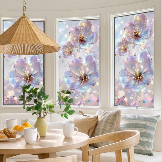 Flowers Window Privacy Film Stained Glass Tulip Butterfly Window Cling Static Glass Sticker for Home Kitchen Office