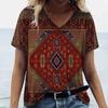 New Women T-shirt Ethnic Pattern Print Oversized Women's Trending Clothing Fashion Short Sleeve Shirt Women V-Neck Blouse 2024