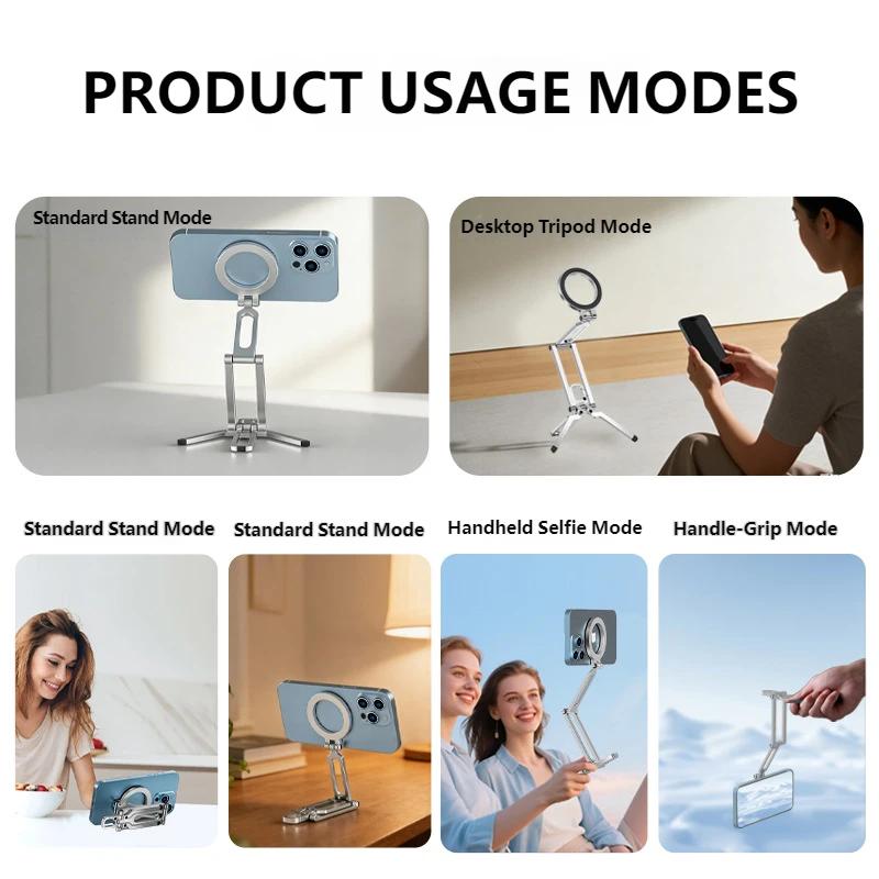 Aluminum Alloy Phone Stand Magnetic Desktop Holder Dual Folding Tripod Mount with Carabiner Clip for Outdoor Hiking Vlogging Live Streaming