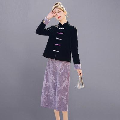 Женский тонкий костюм-двойка в китайском стиле с жакетом и юбкой 2025 года на весну и осень