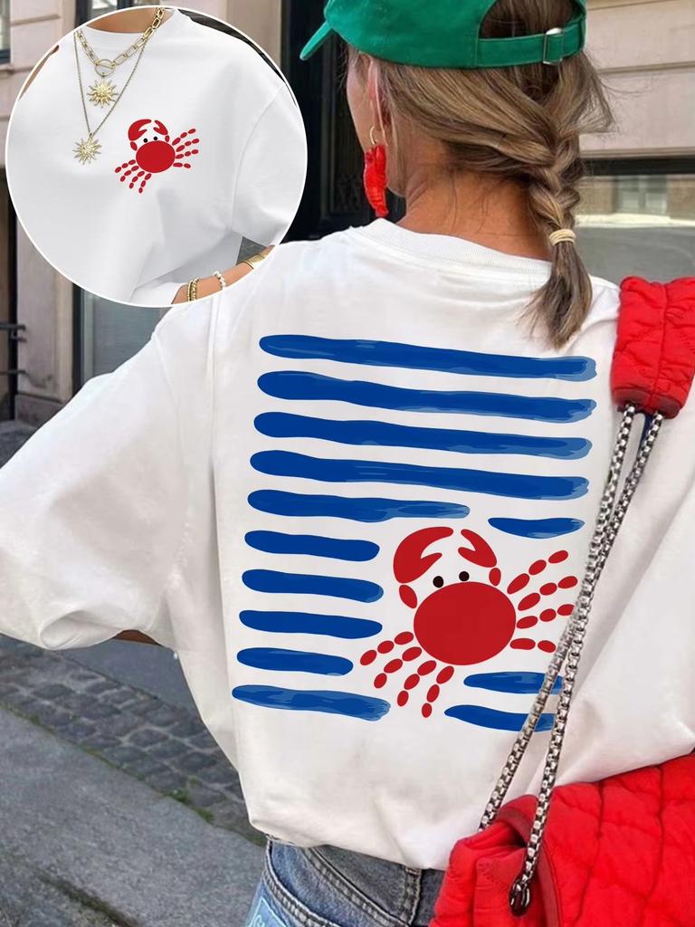 Spring Summer UnisexS Top Easy Painting Style Crab Print Short Sleeve Round Neck with Slight Aesthetic Clothes