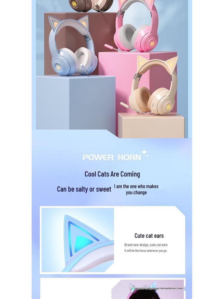 Светящиеся беспроводные Bluetooth накладные наушники с кошачьими ушками 2025 - Игровые и спортивные, Тяжелый бас, Совместимы с мобильными устройствами и ПК