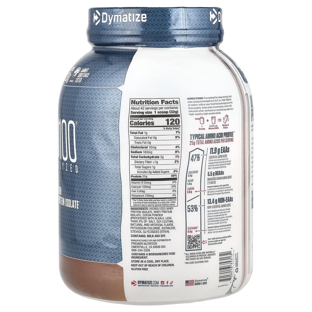 Dymatize Hydrolyzed ISO100, 100% Whey Protein Isolate, Gourmet Chocolate, 1.4 Kg (3 Lb)