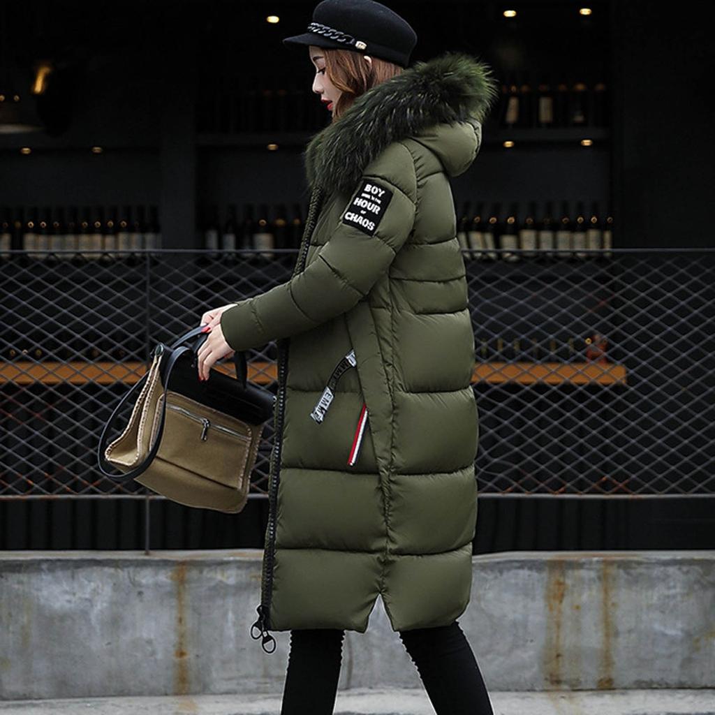 Женская мода с большим воротником для волос, тонкой талией, длинной пуховой хлопковой курткой, хлопковым пальто