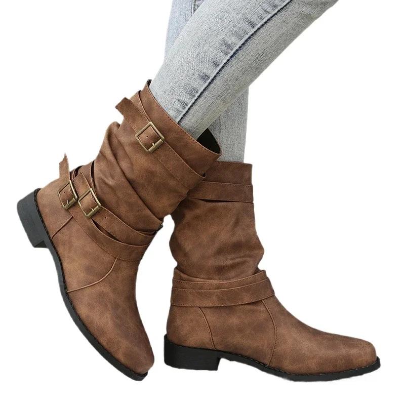 Модные женские короткие сапоги осень-зима, ковбойские сапоги с пряжкой на ремне, на танкетке, с толстой подошвой, нескользящие, для отдыха на природе NoEnName NuII