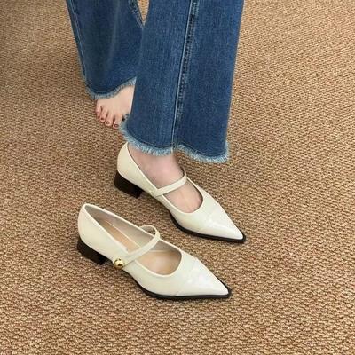 Остроносые маленькие кожаные туфли женские 2025 новая весна толстый каблук низкий каблук высокий каблук ретро французский темперамент Мэри Джейн туфли-лодочки