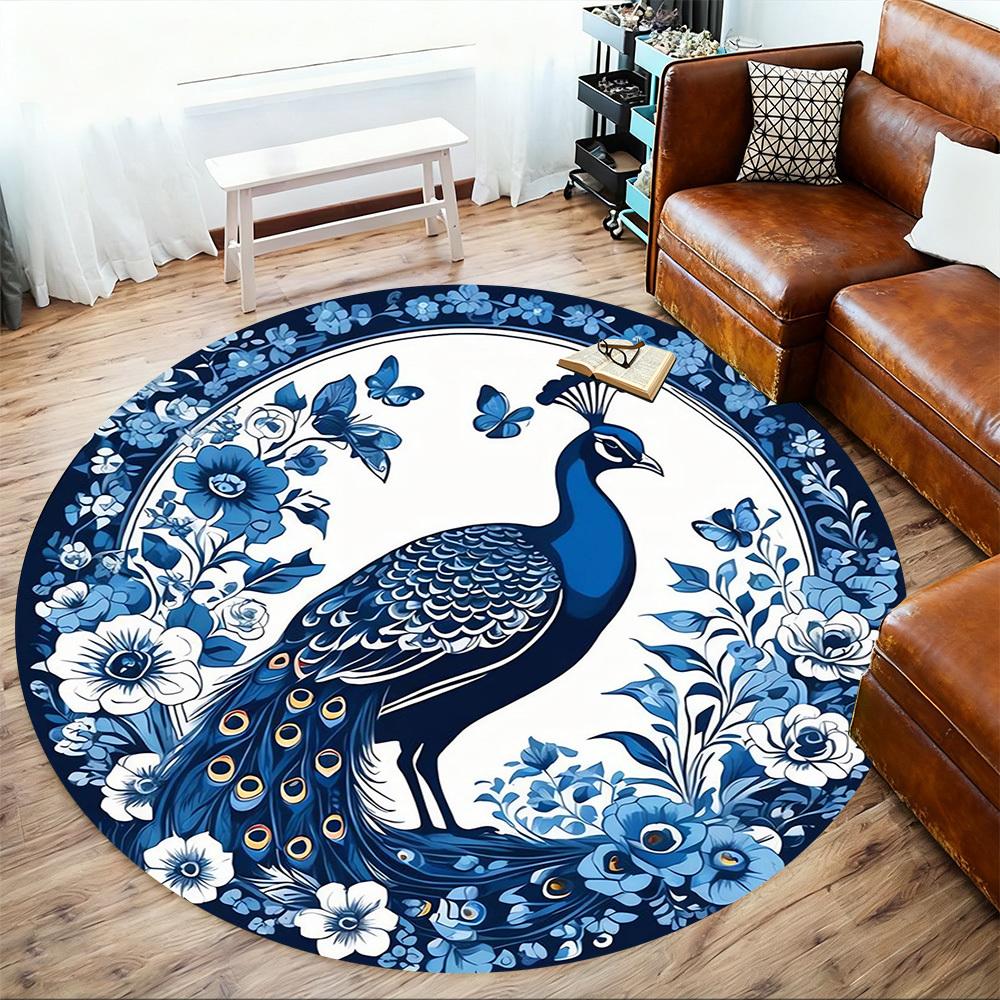 1pc Peacock Flowers Round Chair mat Area Rug - Non-Slip, Floor Mat for Office, Bedroom, and Indoor Decor -1002210