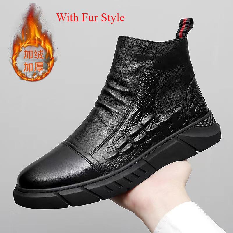 Fashion Motorcycle Boots Men Casual Round Toe Hiking Footwear Winter Warm Plush Ankle Boots Man High Top Anti-slip Leather Tooling Boot