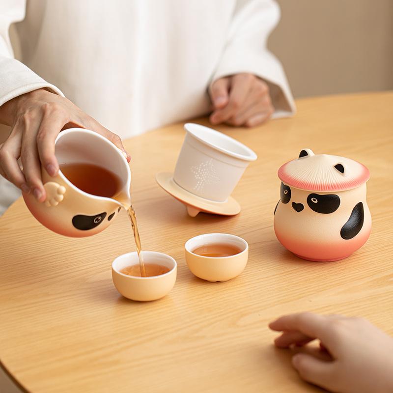 Panda travel tea set ceramic outdoor portable teapot travel camping express cup small storage tea cup