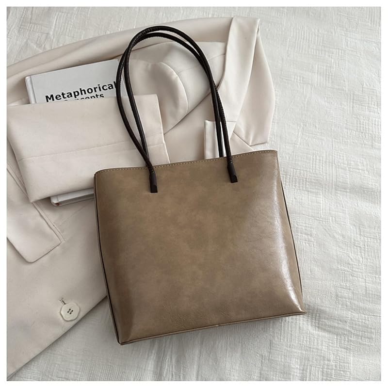 [Lotte Raka] Tote Bag With Zipper Luxury  Handbag Handbag Lightweight PU Leather Ladies Men's (Khaki)