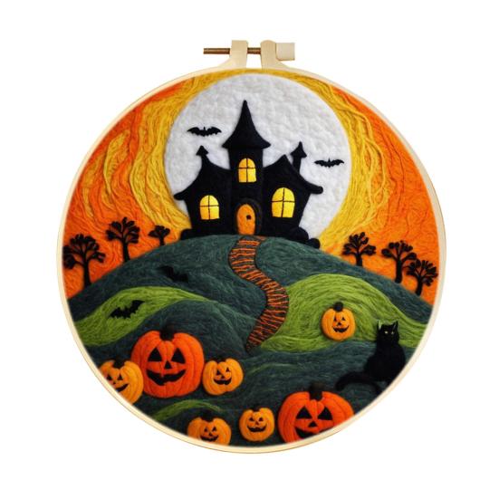 Halloween Needle Felting Kit Beginner Felt Craft Set DIY Felt Painting with Faux Wool Needle Frame Stamped Fabric for Adults Handcraft Lovers