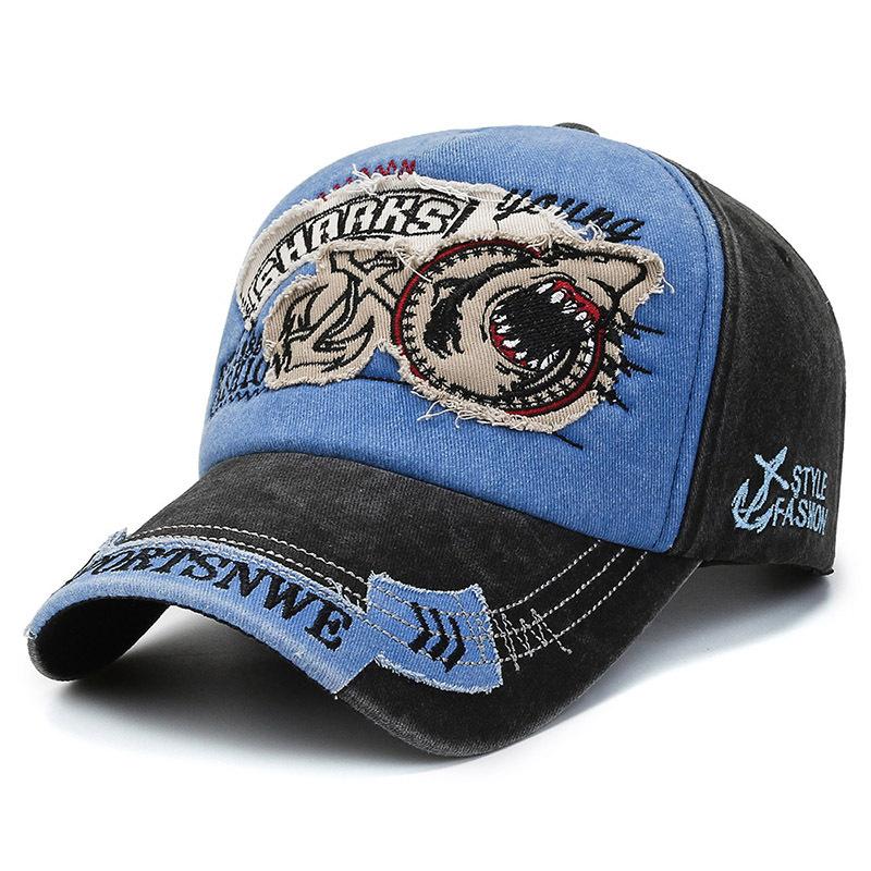 Baseball caps men's and women's spring and autumn retro washed cotton embroidered letters sunshade soft top cap shark hat