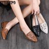 Khaki Soft Leather Cut-out Embroidered Single Shoes Women's Summer and Autumn Low Heel Pointed Shoes Breathable Versatile Sandals