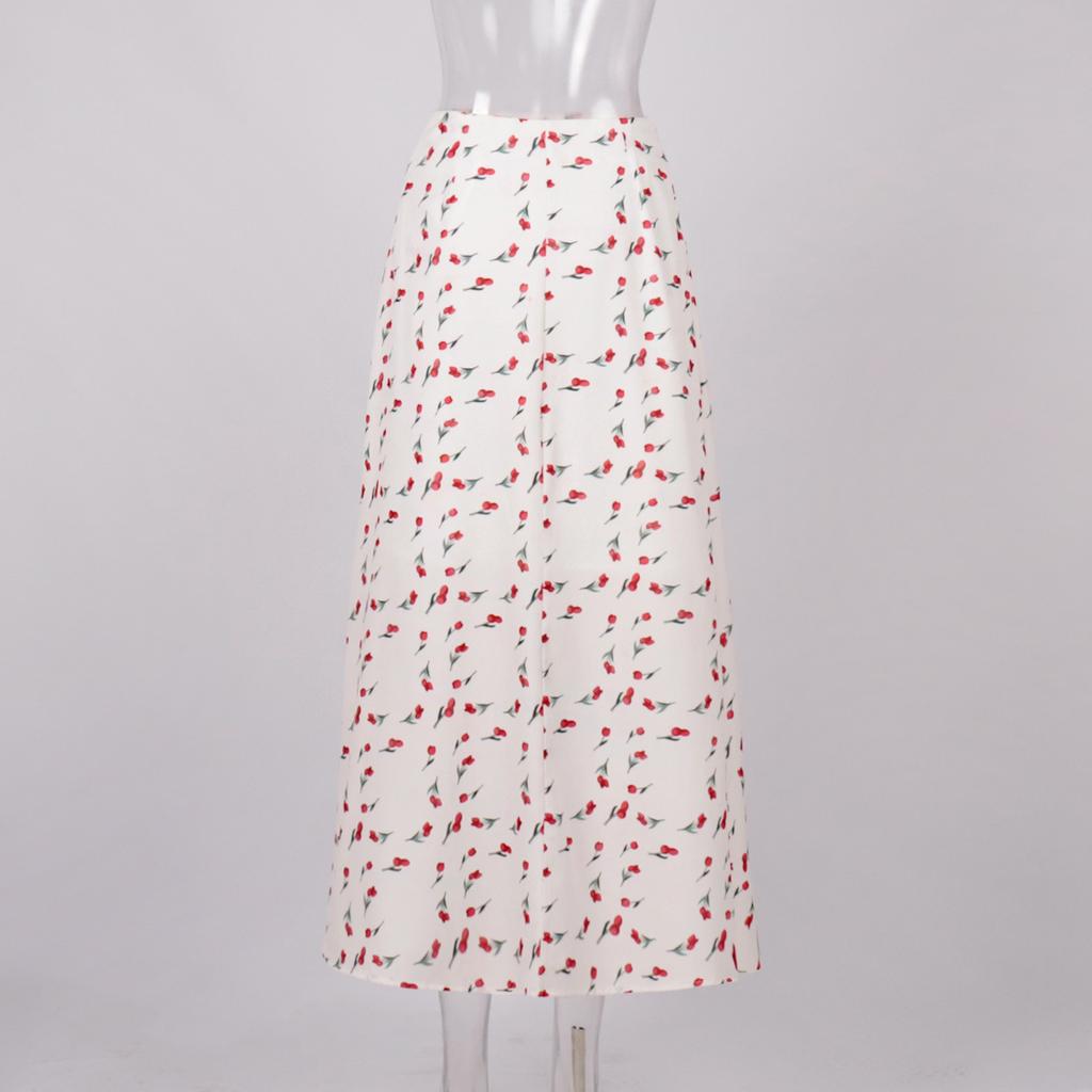 Женская юбка-полуторка с цветочным принтом, весенний темперамент, элегантная юбка-полуторка с высокой талией и принтом вишни