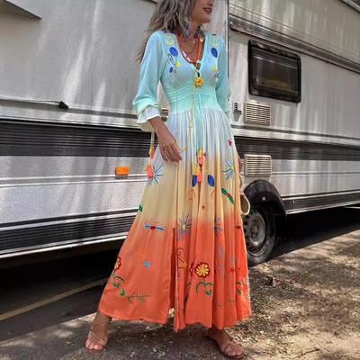 Женское платье с V-образным вырезом, принтом, шнуровкой, бахромой, градиентом, длинными рукавами