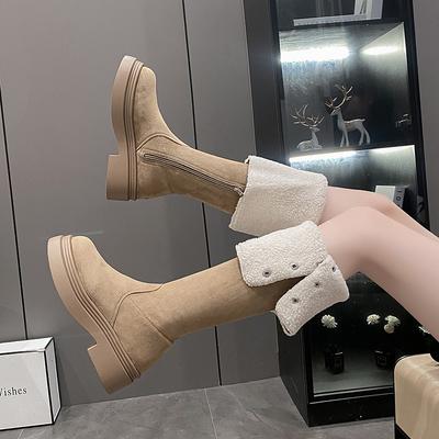 Женские сапоги на толстой подошве 2025 новая осень и зима но до колена замшевые сапоги женские тонкие высокие сапоги для верховой езды