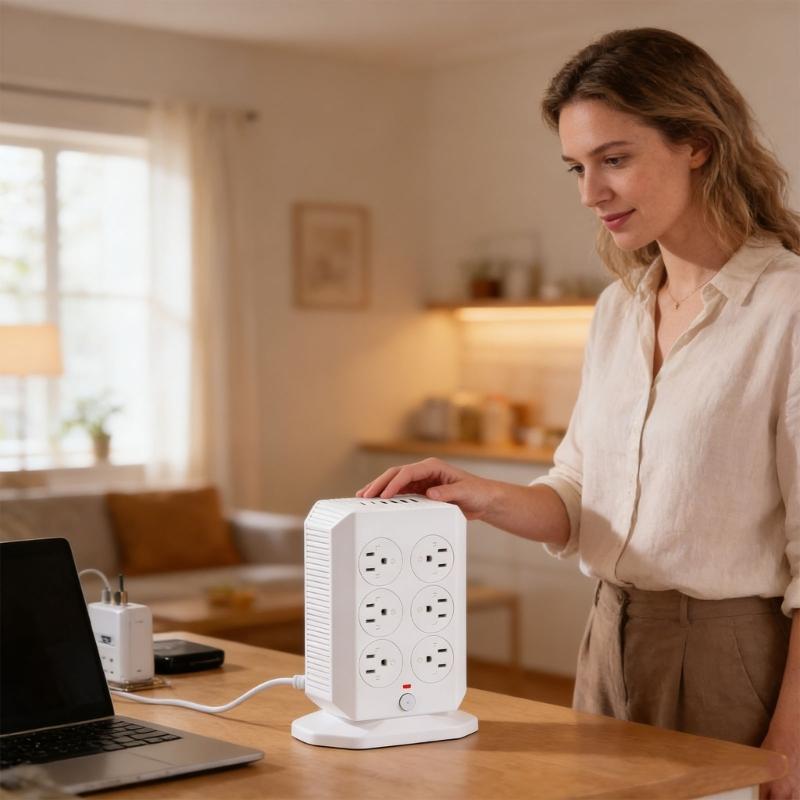 Vertical Type Power Strips 12 Outlets Small Design Outlet Tower for Home and Offices Space Saving Plastic Construction