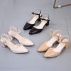 2024 Ранняя весна Новые туфли Baotou Single Shoes Женские босоножки на среднем каблуке с одной пуговицей и высоким толстым каблуком с острым носком и юбкой