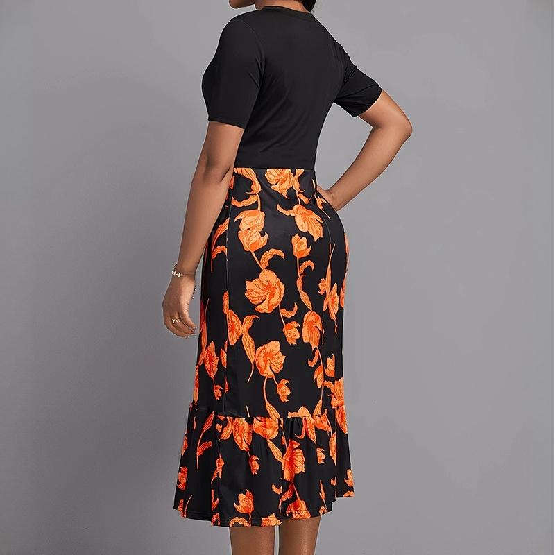 GMXIA Длинное платье с высокой талией, стильное, черное длинное платье, комплект с короткими рукавами, платья с принтом