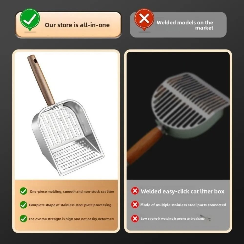 Stainless Steel Cat Litter Scoop Long Handled Hollow Design Pet Waste Picker Wooden Handle Easy Clean Litter Box Shovel