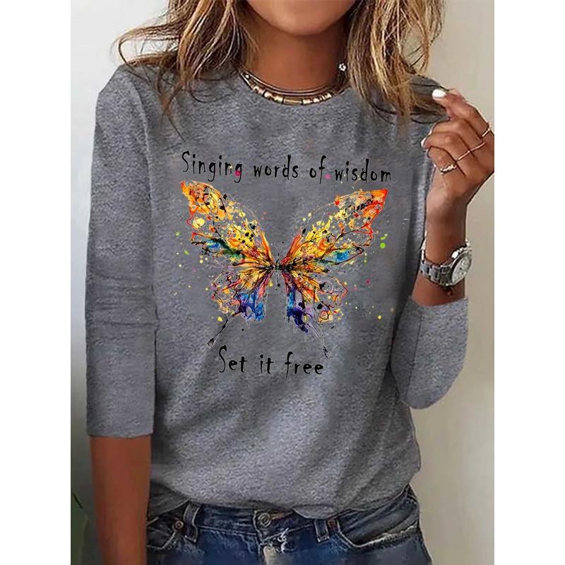 Summer Butterfly Floral Stripe Printed Round Neck Long Sleeve Loose T-Shirts Women’s
