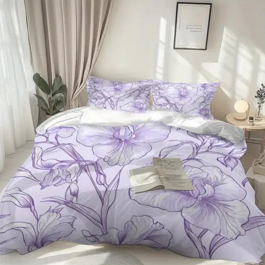 Пододеяльник с узором из фиолетовых цветов в стиле легкой роскоши, размер Queen King, 3D-печать, мягкое и удобное постельное белье, комплект из 3 предметов