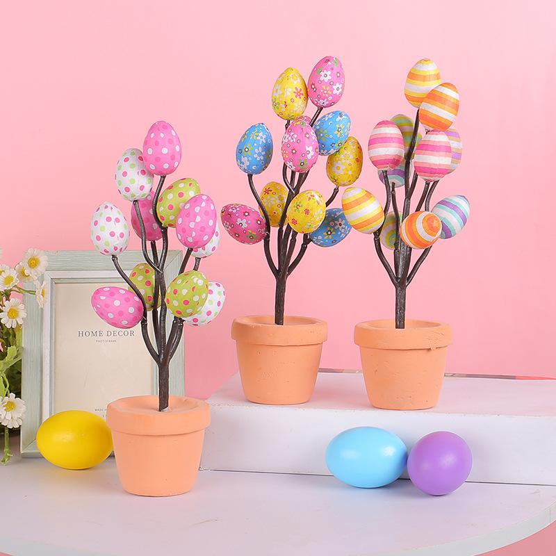 2025 Easter Fake Egg Plant Pot Cartoon Printed Eggs Easter Desktop Decor Ornament Easter Party Decoration Home Festival Decor