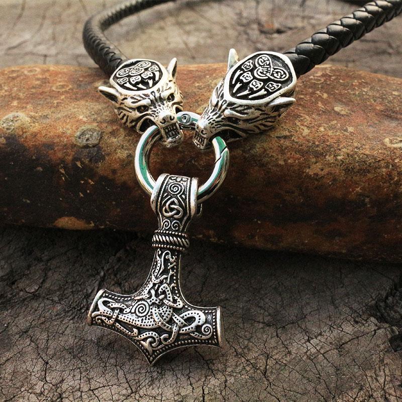 Men Necklace Viking Wolf Head With Thor 'S Hammer Mjolnir Necklace Pendant Norse Talisman Ethnic Jewelry