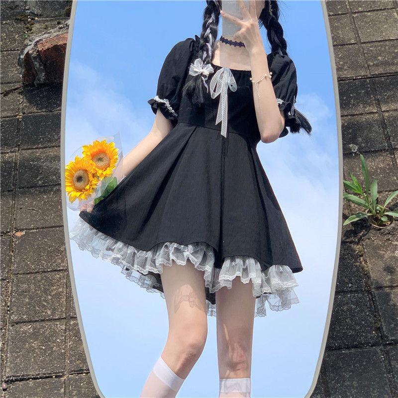 Kawaii готическое платье Лолиты, женское готическое платье в стиле Харадзюку, милые кружевные черные короткие платья с пышными рукавами, школьные Jk, лето 2022 для девочек