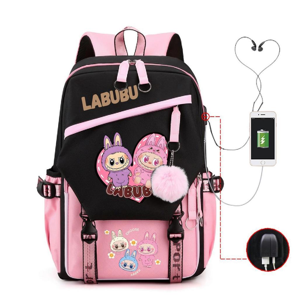 Студенческий школьный рюкзак с принтом Лабубу, многофункциональный, большой вместимости, с USB-портом