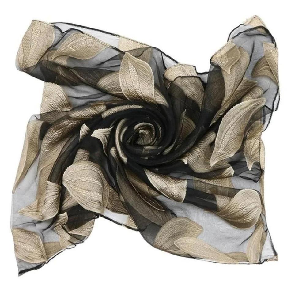 1 Pcs Sunscreen Shawl Beach Towel Muslim Headscarf Embroidered Flower Simulation Silk Scarf Transparent Lace Leaf Scarf