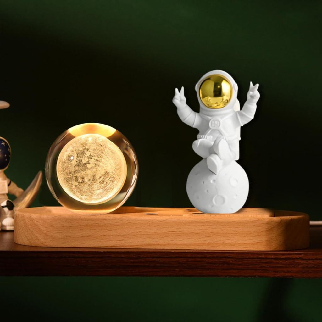 3D Хрустальная Лунная Лампа – Гравированный Светодиодный Светильник с Астронавтом, Питание от USB, Настольная Лампа, Деревянная Подставка, Романтичный Декор для Дома и Офиса